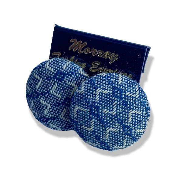 80s fabric covered button style earring blue white - Picture 3 of 3